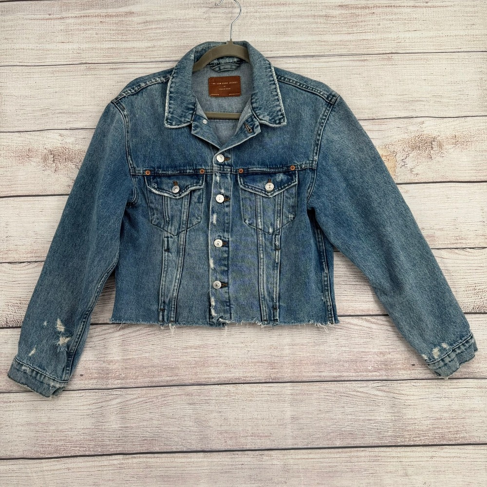 Zara Denim Jacket Womens XS Blue Raw Edge Distressed Sunrise Blue 7223/044